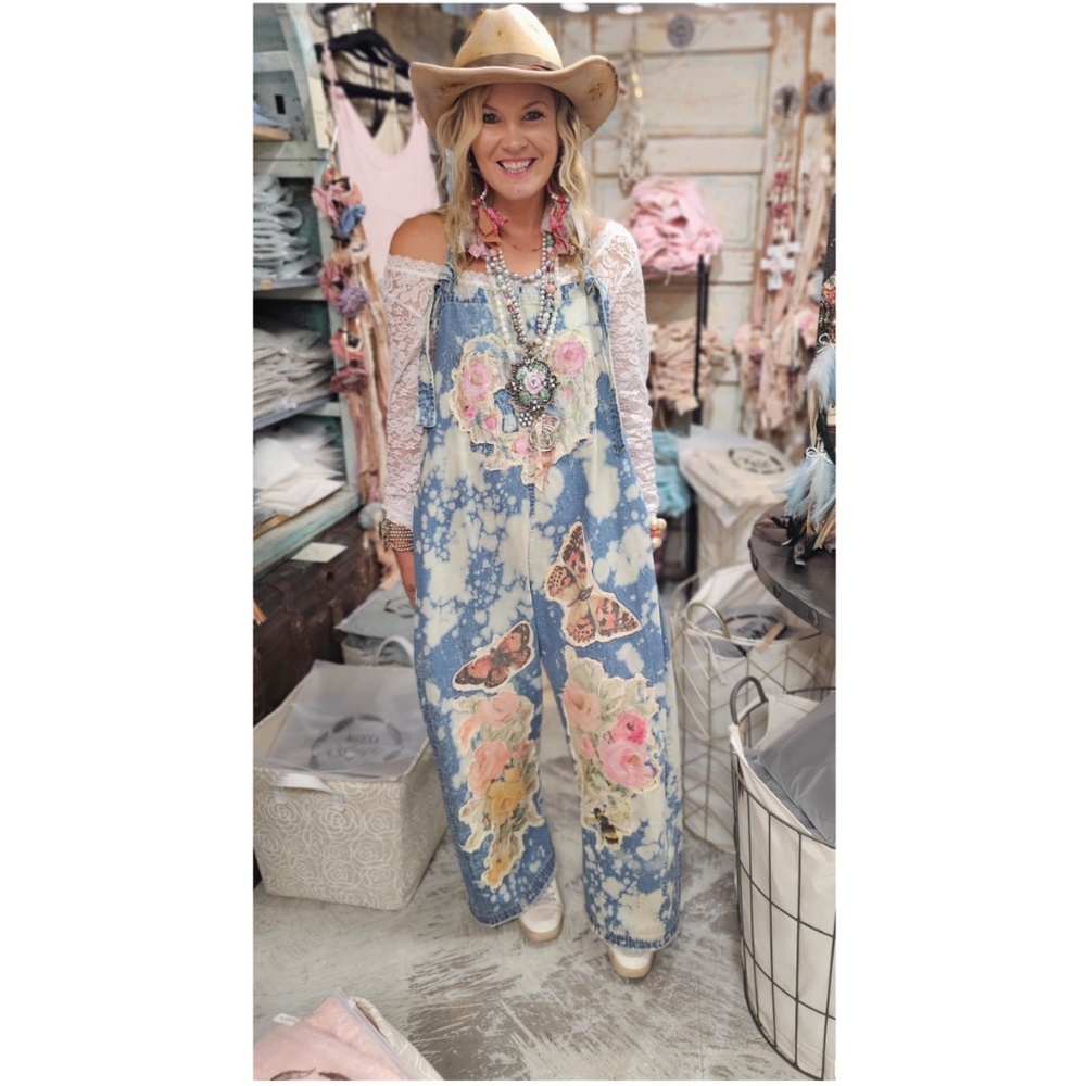 Western Cotton Bleach Dyed Floral Butterfly Patchwork Wide leg Overalls